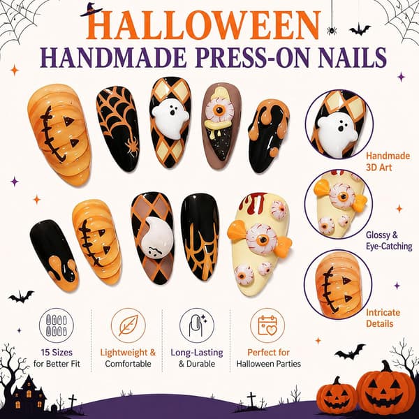 30 press-on negler Halloween mandel 3D blodøye gresskar design