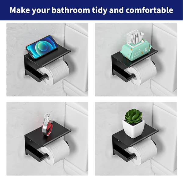 Passer til Mega Rolls Størrelse Mat Sort Toiletpapirholder med Hylde, Rustfri Rustfrit Stål Selvklæbende Toiletpapirholder