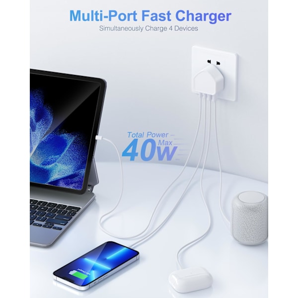 40W USB C Plugg Hurtiglading, UK 4-Port Multi USB Lader Plugg Hurtigladeplugg