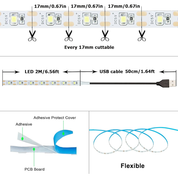 5V USB LED-nauhavalo, viileä valkoinen 6000K, USB-virta, 4M (2 kpl), joustava SMD2835, korkea kirkkaus, ei-vedenpitävä IP20 LED-teippivalot