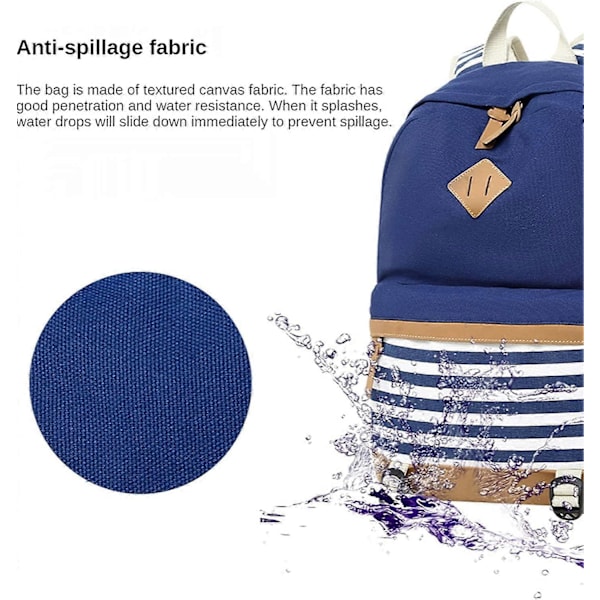 3 st Randig Ryggsäck Set Tillbaka till Skolan Material Handväskor & Axelväskor Stor Kapacitet Canvas Skolväskor (Blå)