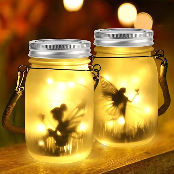 2-pack Sol-lyktor för Utomhus, Fairy Solar Glasburk, Vattentät, Hängande/Stående, Sollampor för Balkong, Trädgårdsdekoration (Varmvit)
