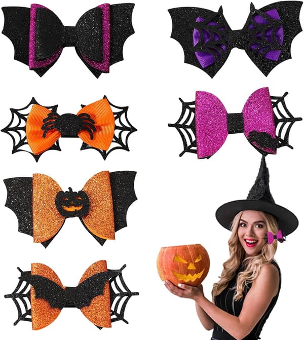 6 stk. edderkoppformede hårspenner til Halloween, flaggermusmønster, søte hårtilbehør for barn og voksne