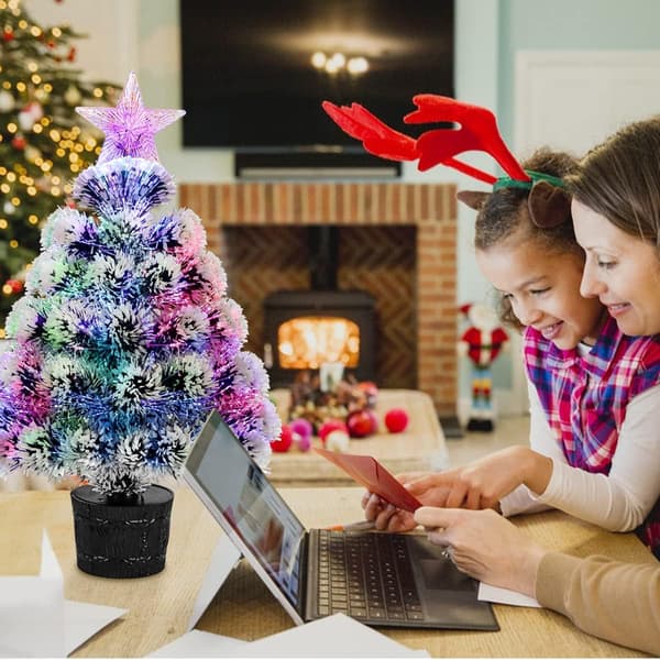 Litet Bordsfiberoptiskt Julgran, Mini Konstgjord Julgran Förbelyst med Snöflock, USB-driven, 45cm
