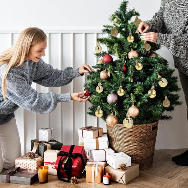 Sett med 24 Mini Knusefrie Julekuler Trepynt Festdekorasjon, 3cm/1.1'' (Rød) gold