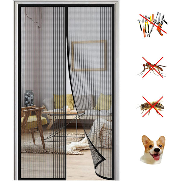 Magnetisk myggenet dørgardin, 100 x 210 cm, sorte striber, polyester