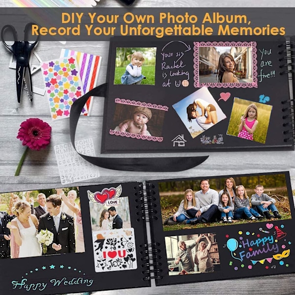 DIY Fotoalbum 80 Svarte Sider Scrapbooking Vintage Baby Familie Minnebok (Svart - 29 x 21.5 cm)