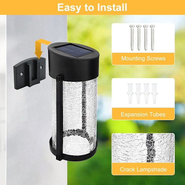2-pack solcellslampor med sprucket glas för vägg, staket, trädgård, utomhus, vattentäta SMD LED-lampor för uteplats, däck, grind, gård, dekoration, varmt vitt