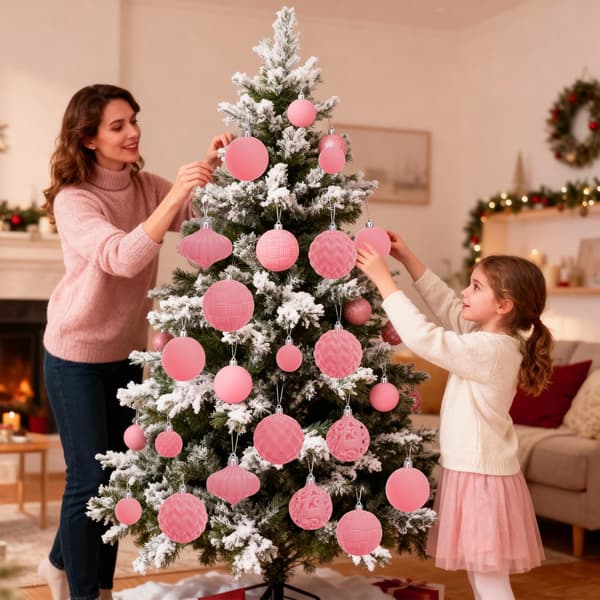 Fløyelsmyke Julekulepynt Sett - 46 stk. Julekuler i Plast, Assorterte Størrelser (Rosa)