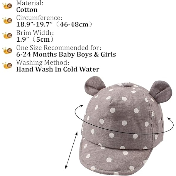 Summer Infant Baseballkeps Björnöron Småbarn Flickor Solhattar Vår Söt Bebismössa för Pojkar 6-24 Månader Gray