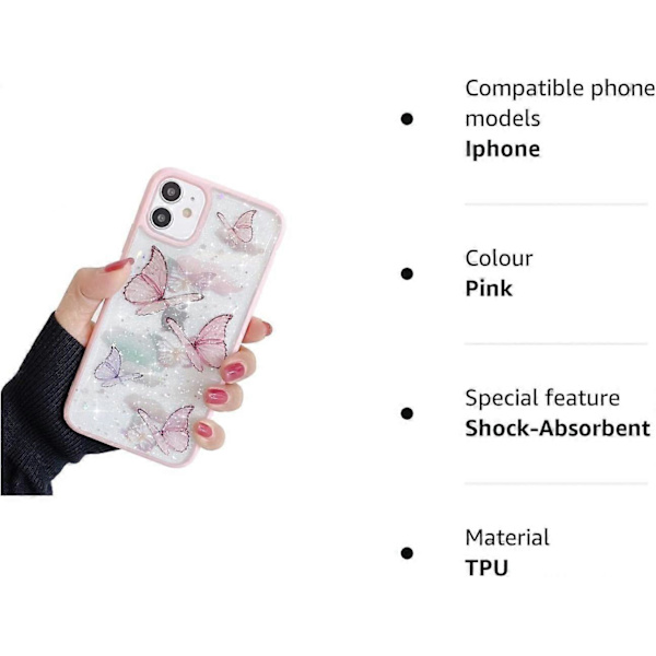 Kompatibel med iPhone 12/12 Pro Skal för Tjejer, Mjuk Slimmad Passform Fullständigt Skyddande Sött Klart Glittrigt Bling Stjärna Fjäril Mönster Mobilskal Glitter