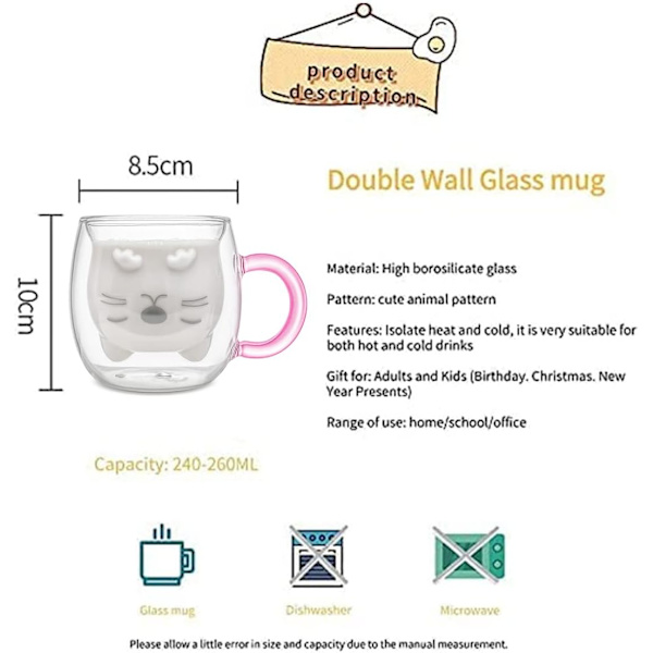 Qinhai Söt Katt Kaffekopp, Dubbelväggig Glas Tekopp, Alla Hjärtans Dag Påsk Mors Dag Examen Jul, Presenter till Kvinnor Fru Mamma