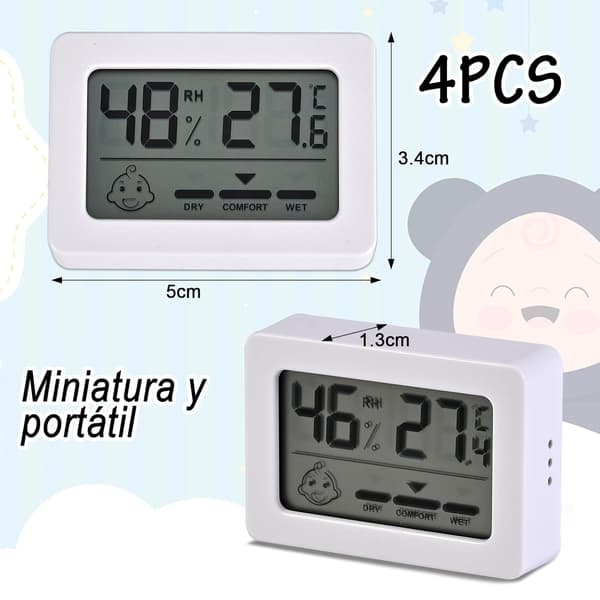 4 stk. Digitalt hygrometer, Mini innendørs hygrometer termometer, Digitalt termometer for hjemmeinnendørs og utendørs bruk