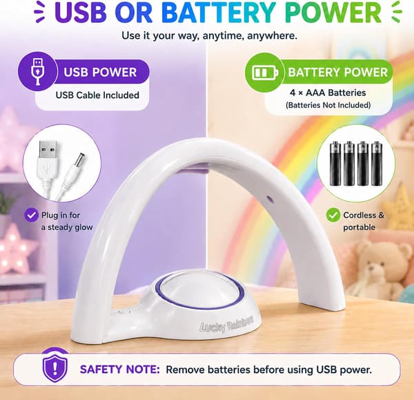 Regnbueprojektor LED nattlys for barn, regnbuelampe med 10-minutters timer, USB- eller batteridrevet, veggprojeksjon
