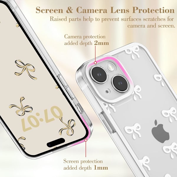 iPhone 15 -kotelo, kirkas söpö rusettinauhakuvio, esteettinen läpinäkyvä puhelinkotelo, korotettu kamerasuoja, tyylikäs ohut - valkoinen