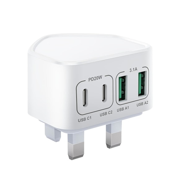 40W USB C Plugg Hurtiglading, UK 4-Port Multi USB Lader Plugg Hurtigladeplugg