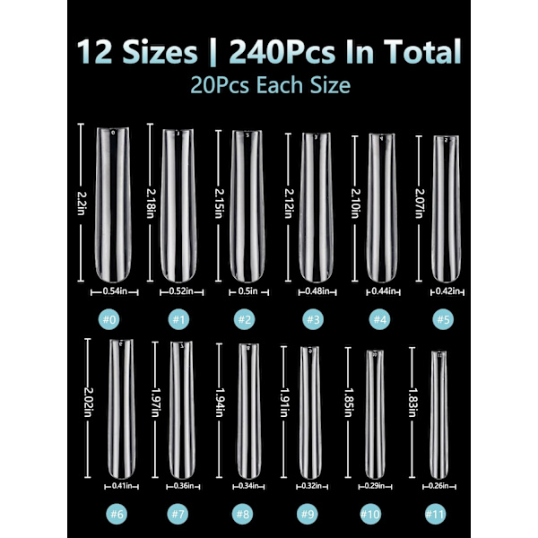 3XL Ekstra Lange Tilspidsede Falske Firkanter, 504 stk. Klare Firkantede Lige Falske Negletipper til Akrylnegle, 12 Størrelser, til DIY Neglekunst set1