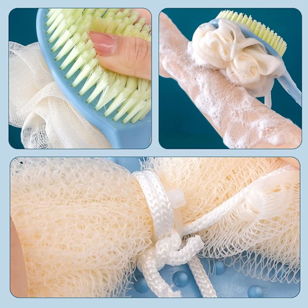 2-pak brusebørster med børstehår og loofah, langskaftet badebørste, rygskrubber, langskaftet eksfolierende, med 2 badeværelseskroge