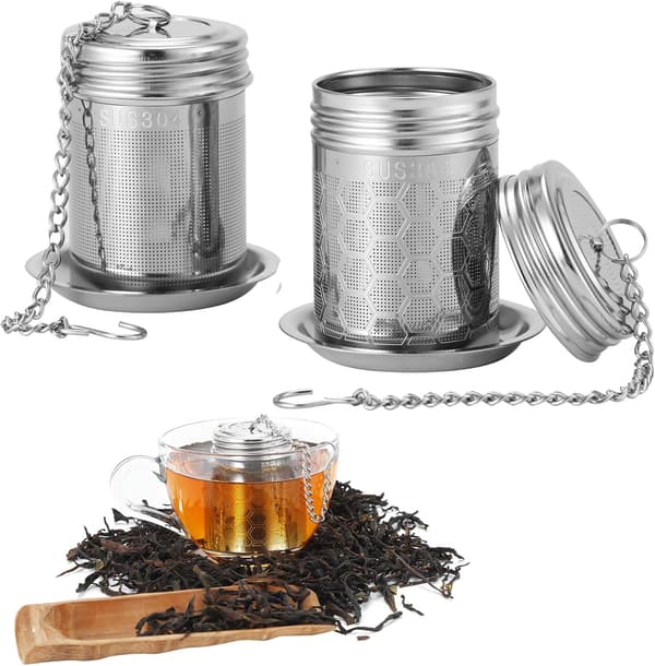 Pieces tefiltre, te-si af rustfrit stål, tekugle med lang kæde og rund drypbakke til tekander, kopper og teflasker.