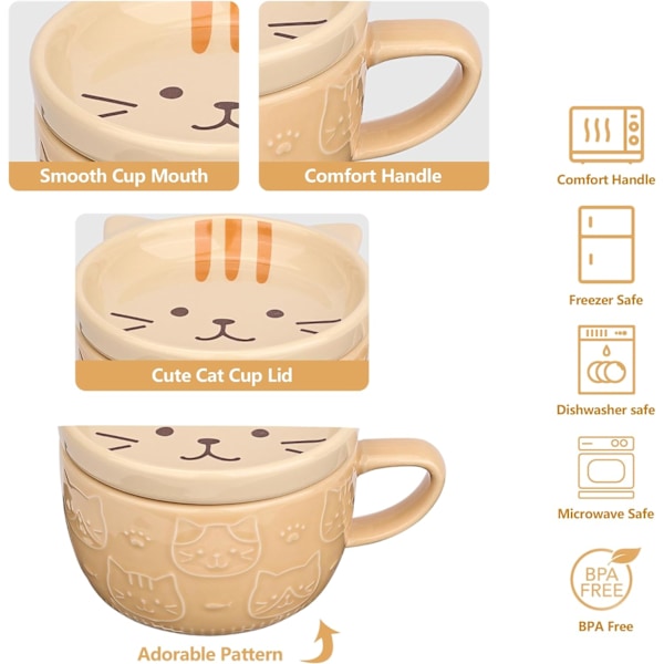 Søt Keramisk Kattekaffekopp med Lokk, Kawaii Kaffekopper eller Tekopper for Katteelskere, Morsomme Nyhet Kattefrokostkopper, 300ML
