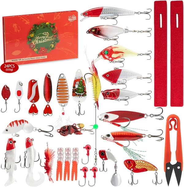 Fiskedrag Adventskalender 2025, 24 dagars nedräkning Fiske Adventskalender Blind Boxes, Röd, 24 st/set|Tackelboxar