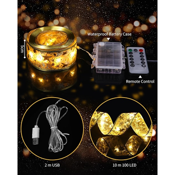 Julebåndlys 10M 100 LED Tredekorasjon Lysende USB og Batteridrevet Bånd for Juletre Garland (Gull)