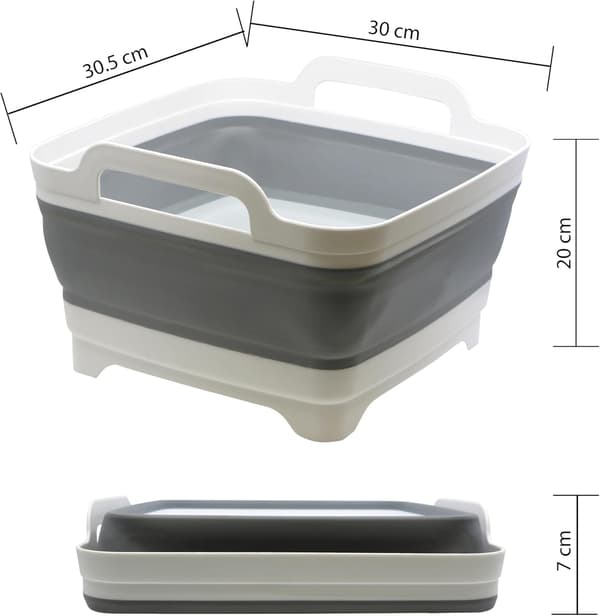 8,5 liters infällbart handfat i polypropen/TPR - Längd 30,5 cm - Bredd 30 cm - Höjd 20 cm (utfälld) - 7 cm (ihopfälld) (Grå)