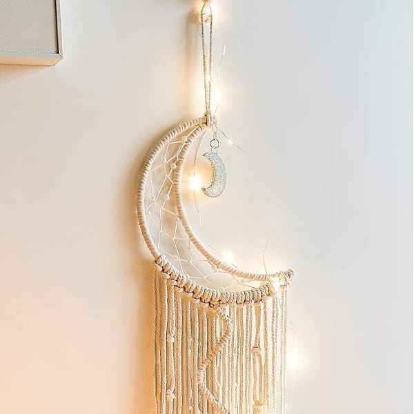 Macrame Väggbonad med LED-ljus, Måne Drömfångare Vävd Gobeläng Bohemisk Heminredning Bröllopsfest Ornament Hantverkspresenter