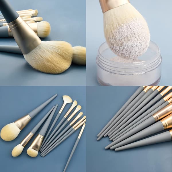 Professionelt 10-delt makeupbørstesæt, til foundation, concealer, pudder og blush, opbevaringspose inkluderet, blå