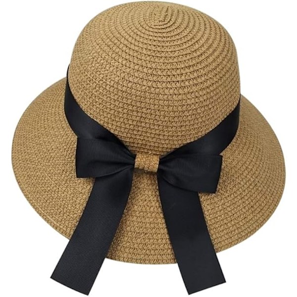 Solhatt för damer, diskett, hopfällbar, med rosett, stråhatt, sommarstrandhatt, UV-skydd UPF50 Khaki