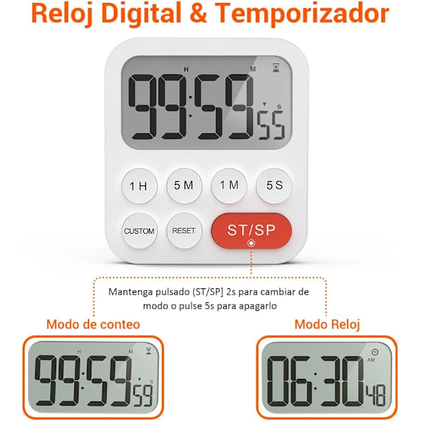Digital kökstimer multifunktionstimer med klockfunktion, snabbinställning, 3 volymnivåer, magnetisk baksida, hopfällbart stativ (8*9*2cm)