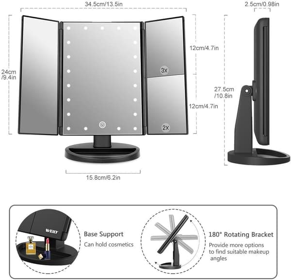Makeup Spejl, 1x/2x/3x Trefoldet Spejl med 21 LED Lys og Justerbar Touch Screen Spejle (Sort)