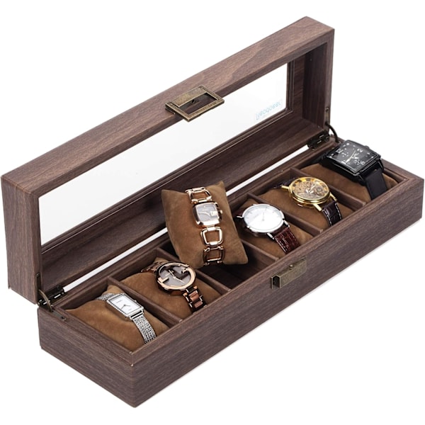 6 Slot PU Läder Klocklåda Organizer Klockfodral med Glaslock