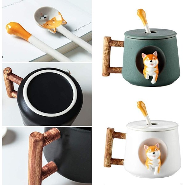 3D Söpö Koirakahvimuki Keraamiset Teekupit Kannella ja Lusikalla Sarjakuva Shiba Inu Kuppi Upotettu Eläin Ulkopuolella Aamumuki 420ML Dark green