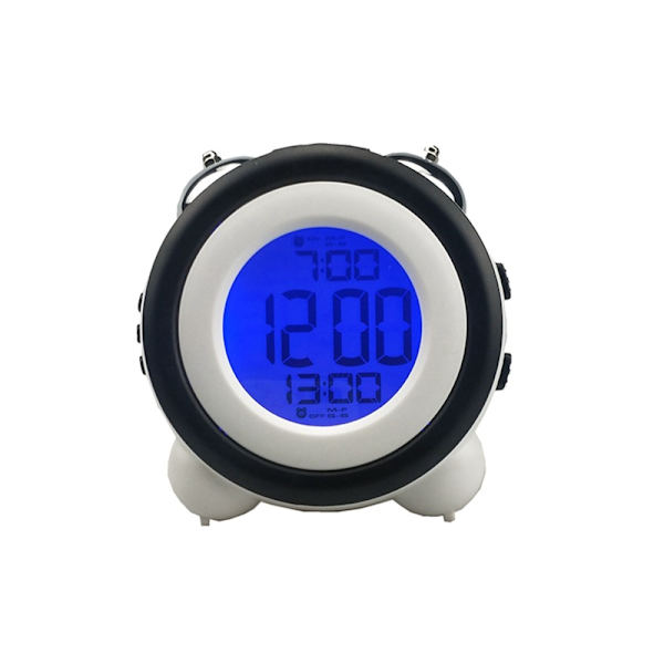 Höglarmig väckarklocka utan tickande sängbord batteridriven med snooze dubbel alarm nattlampa för tunga sovare blå/vit