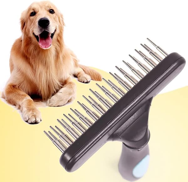 Kæledyrsbørste, dobbelt rækkekam til fjernelse af hundehår, massagebørste med tænder (blå)