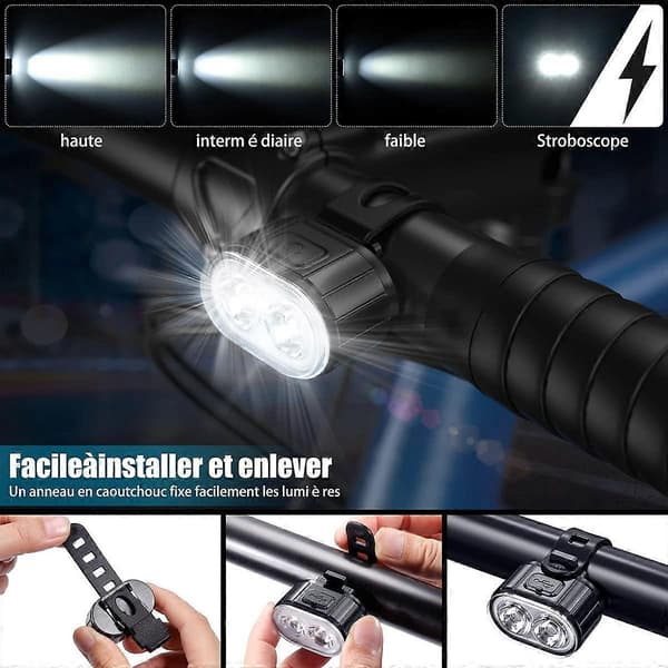 LED, USB-oppladbare front- og baklykter, IPX5 vanntett LED-sykkellykt, dobbel perlefrontlykt