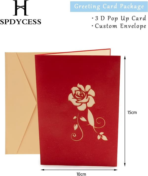 Pop Up 3D Gratulasjonskort Kjærlighetskort, Bryllupsdagskort, Valentinsdagskort, Bryllupsgratulasjonskort (Rød Rose)