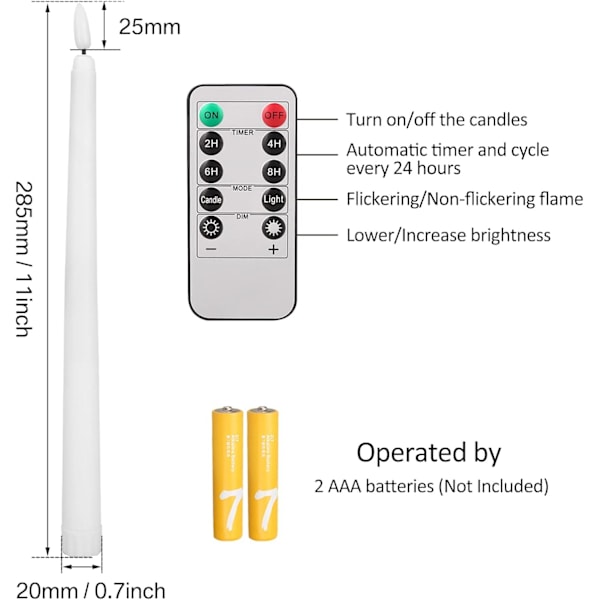 Teynewer LED-ljus, flamlösa, spetsiga, flimmerande, 6-pack med 10-knappars fjärrkontroll, batteridrivna, 28 cm långa, varmvita