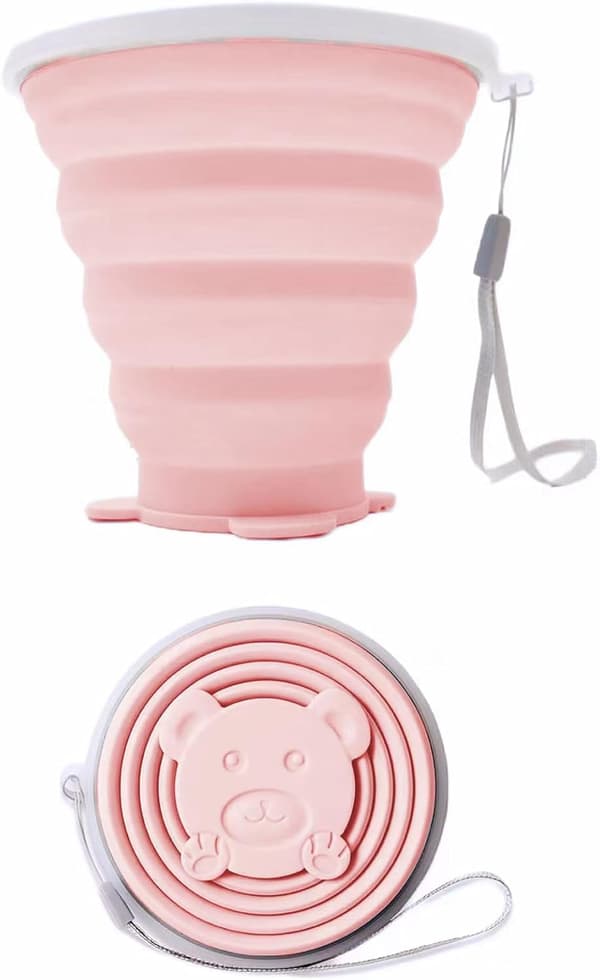 270 ml hopfällbar resemugg med plastlock, hopfällbar silikonmugg, perfekt för picknick, rosa