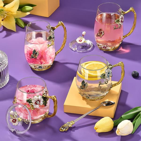 Kop Glas Blomsterglas Te&Kaffe Kop med Ske, Låg 400ml