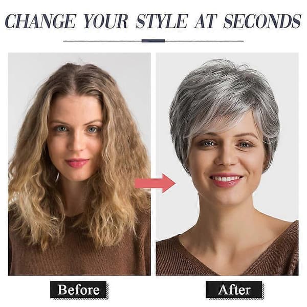 Kort Grå Mänskligt Hår Peruker för Kvinnor Naturlig Pixie Cut Peruk, Vardagligt Hår