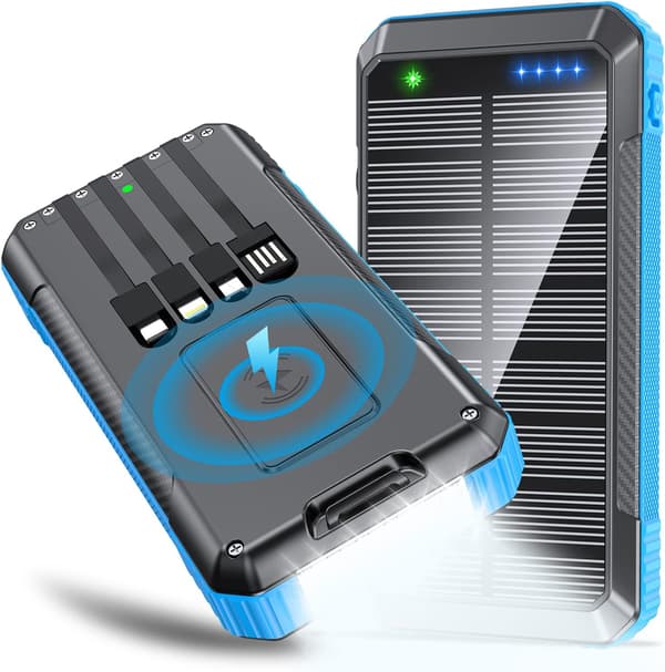 Solar Power Bank Trådløs Lader 33800mAh Blue
