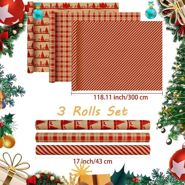 Julklappspapper 3 rullar 43×300 cm Rött kraftpapper för jul, nyår, fest