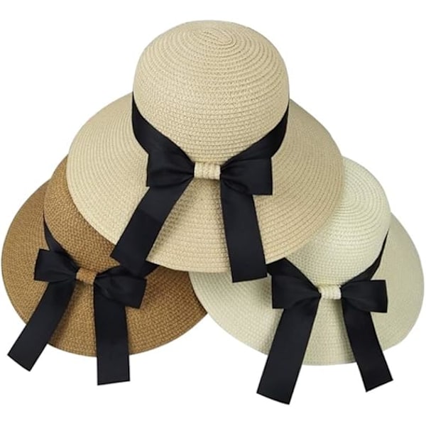 Solhatt för damer, diskett, hopfällbar, med rosett, stråhatt, sommarstrandhatt, UV-skydd UPF50 Cream white