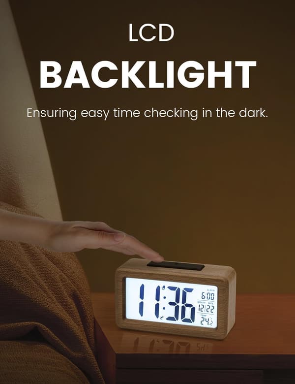 Digital väckarklocka, sängklocka i trä med stor LCD-bakgrundsbelyst display, temperatur, ljusstyrkesensor【Batteri ingår INTE】