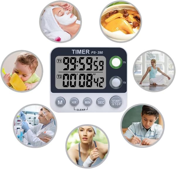 Dubbel Digital Köksklocka, Justerbar Volymtimer, Matlagningstimer, Stoppur, Stor LCD-skärm/Möte/Klassrumstimer (9,2*8*2,1cm)