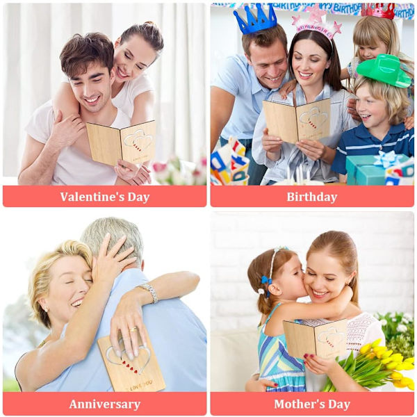 Träkort för hälsningar, Valentinsdag, bröllop, årsdag, trägåvor till fru, make, flickvän, pojkvän, honom eller henne (Dubbelt hjärta)