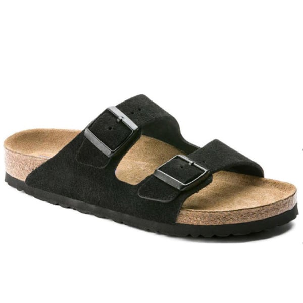 2024 Våren och sommaren i ny stil, retro, Boken-sandaler med platt sula i kork för män och kvinnors tofflor black suede 35
