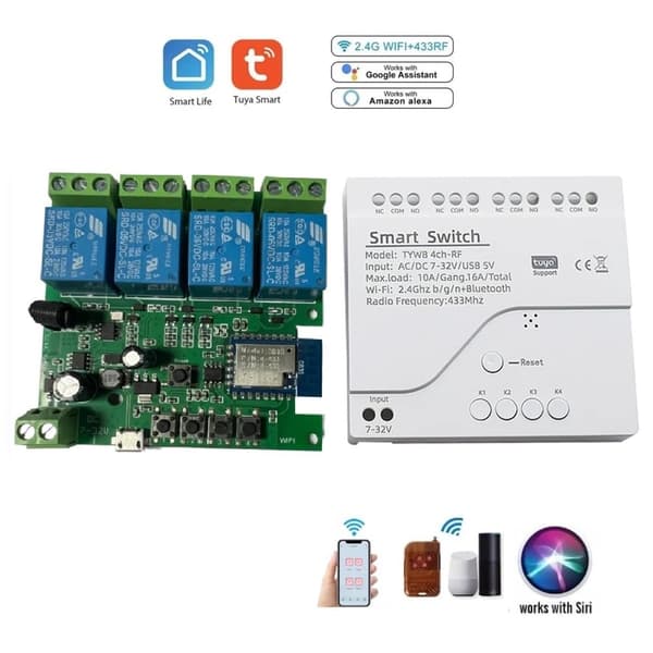 4-kanals smart WiFi RF Bluetooth trådløs tørrkontaktrelébrytermodul, Tuya Smart life app fjernkontroll